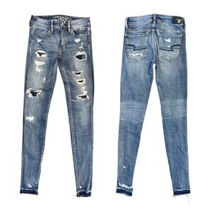 American Eagle 360 Super Stretch Hi-Rise Jegging 2 X-Long Distressed Jeans